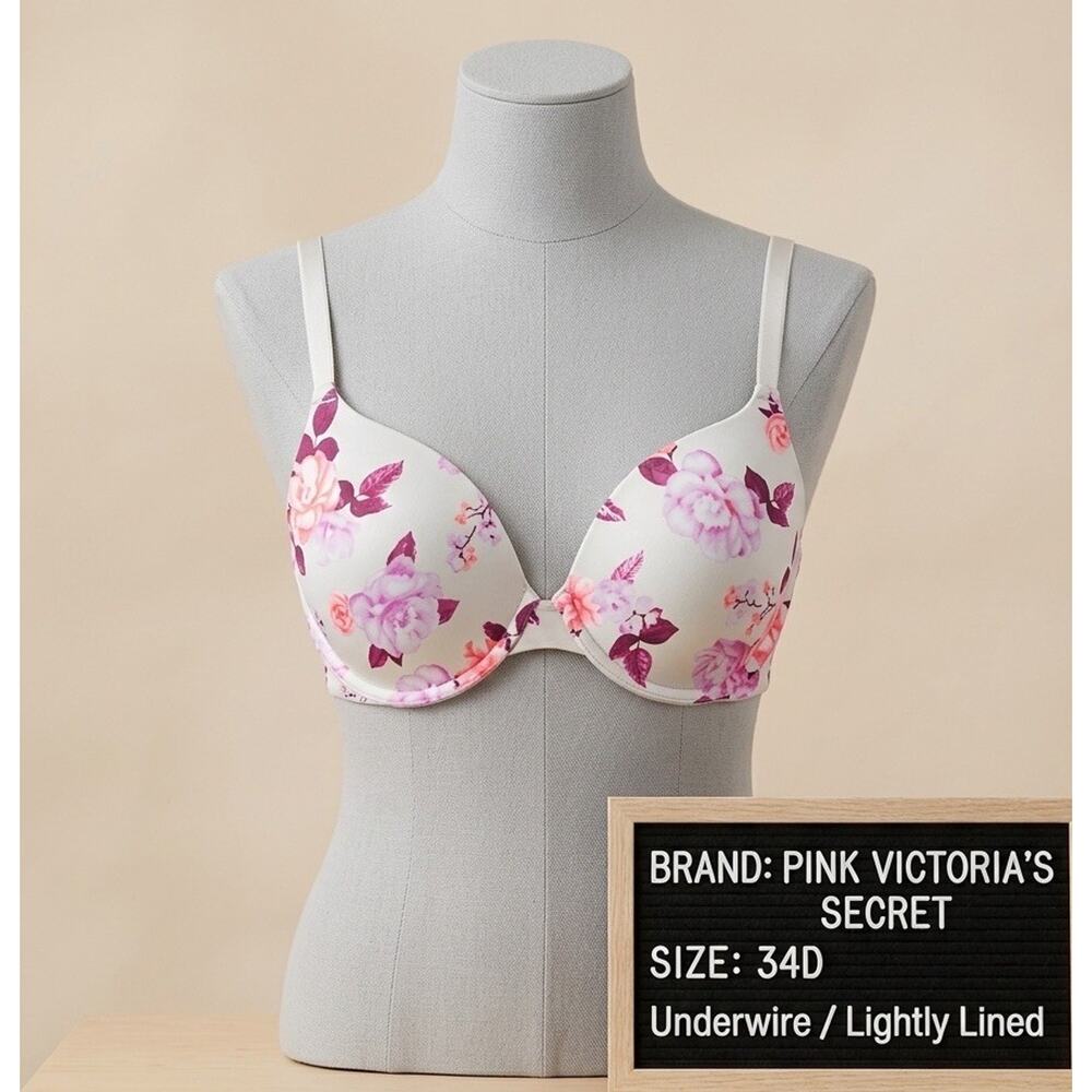 PINK Victoria's Secret 34D Bra White Floral Rose Wear Everywhere T-Shirt